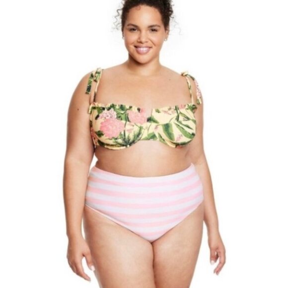 Agua Bendita Peony Botanical/Stripe Print Reversible High Waist Bikini Bottoms - Picture 4 of 4